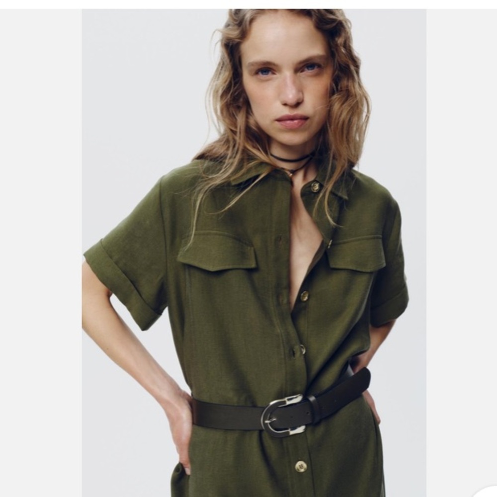 Zara NWT Olive Green Button-Up Shirt Dress with belt size Medium - Picture 2 of 9